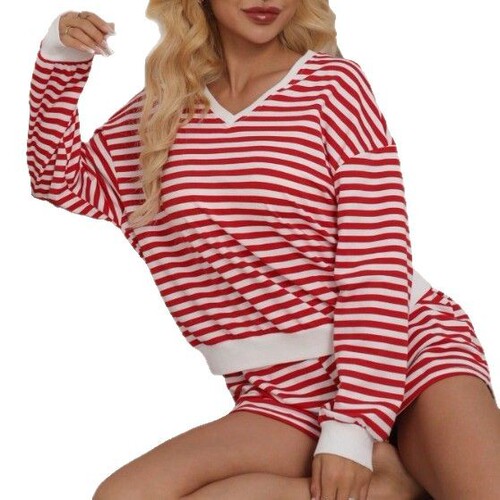 Amazon Summer New Women's Casual Striped Set Long Sleeve V-Neck Loose Top Sports Shorts 2-Piece Set for Women
