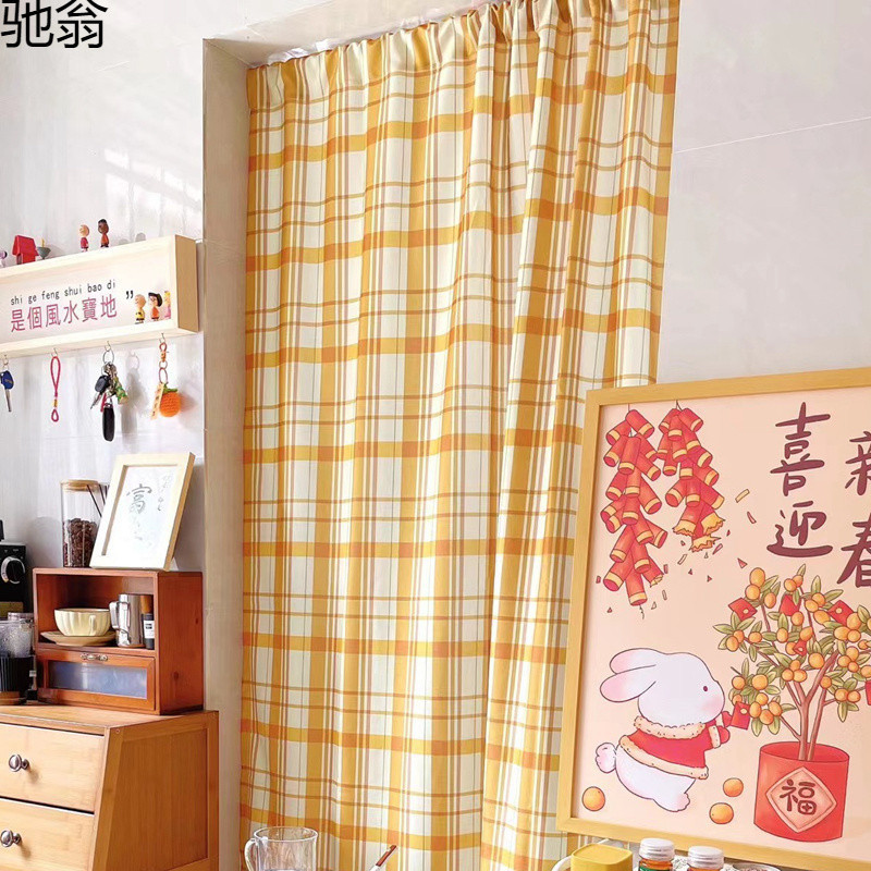 Q3Yins Korean Blogger Door Curtain Partition Curtain Bedroom Girly Retro Yellow Plaid Hanging Cloth with Retractable