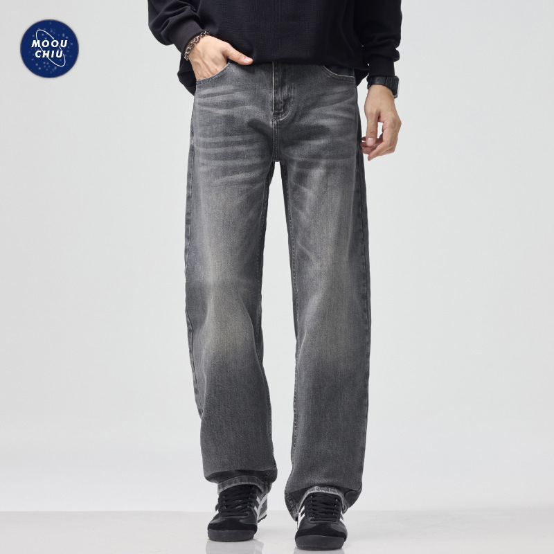 Muchiu Men's Clothing∣American High Street Cement Gray Washed Retro Jeans Men's Straight-Leg Stretch Cleanfit Trousers
