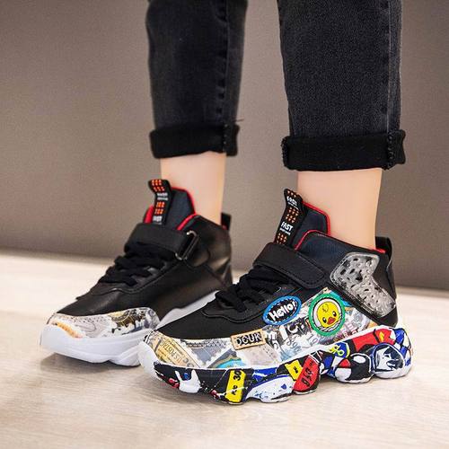 Boys' shoes, children's sports basketball shoes, plus velvet to keep warm, casual baby outdoor cotton shoes, children's leather shoes, trendy