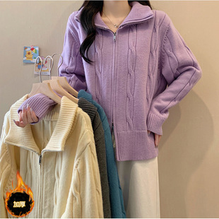 2024 plus size women's autumn and winter new vintage twist stand collar sweater coat warm sweater