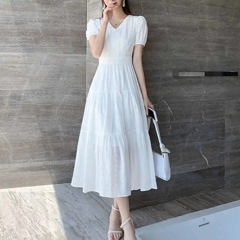 9092 ホワイトドレス夏の新しいフランスの女性のニッチ初恋スーパーフェアリー気質スリムミドル丈スカート|undefined