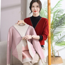 假两件针织打底衫秋季2025新款一体绒X气质妈妈装拼接长袖上衣女