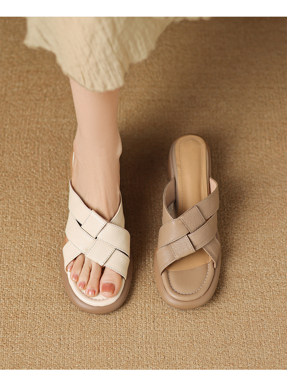 Sandal nữ hở mũi dệt da dê gót cao 7 cm — màu trắng ngà chi tiết 11