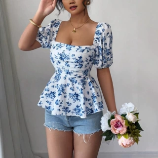 欧美跨境夏季方领泡泡袖后背打揽设计收腰显瘦上衣时尚优雅衬衫
