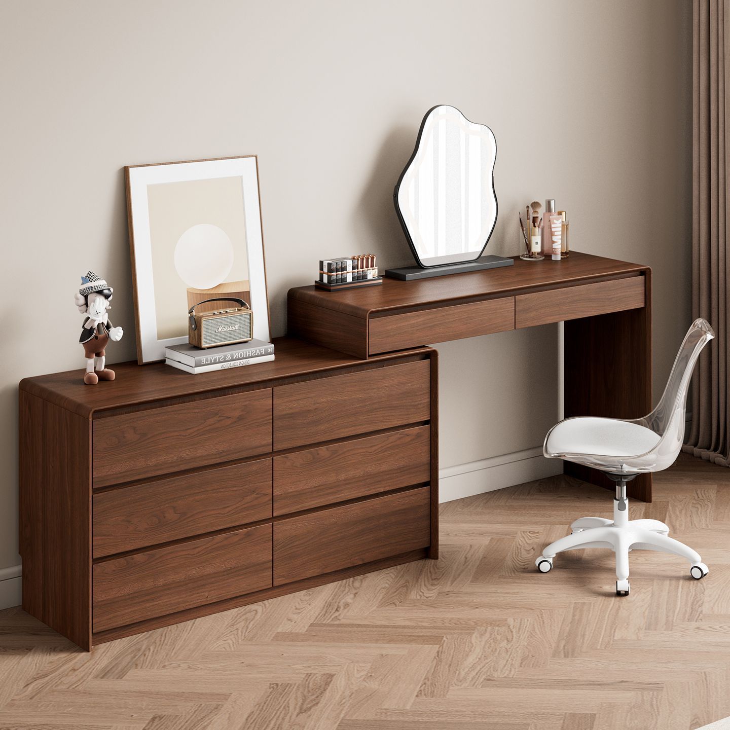 Solid Wood Dresser and Cupboard Integrated Walnut Dressing Table Retro Bedside Storage Cabinet New Retractable Corner Table