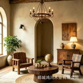 老榆木茶几桌树桩底座茶桌实木客厅矮桌复古怀旧圆形咖啡桌椅组合