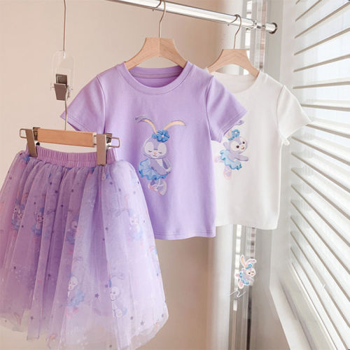 Girls' 2024 Set, Stylish Starlight Cartoon Summer Cotton T-shirt and Mesh Princess-style Skirt Two-piece Set