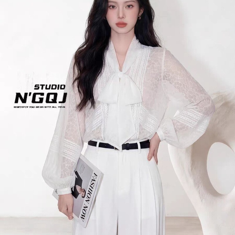 Korean-Style Fashionable Bow-Knot Shirt for Women, 2026 Spring New Design, Niche Lace Solid Color Top Korean-Style Fashionable Bow-Knot Shirt for Women, 2026 Spring New Design, Niche Lace Solid Color Top