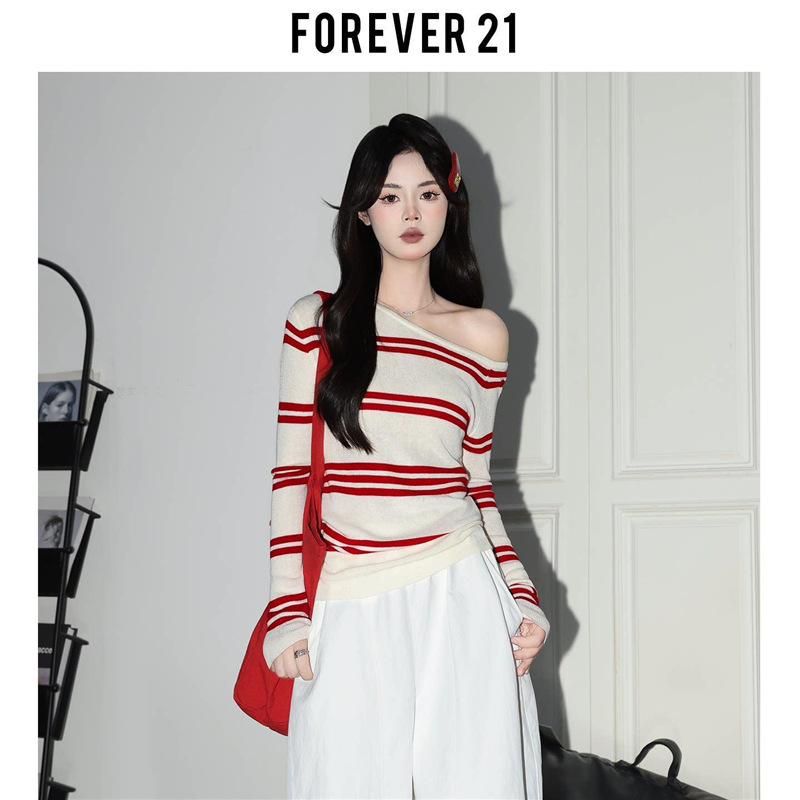 Forever 21 Autumn Super Popular Striped Off-Shoulder Knit Sweater for Women, Super Stylish Color-Block Sweet and Spicy Long-Sleeve Top Forever 21 Autumn Super Popular Striped Off-Shoulder Knit Sweater for Women, Super Stylish Color-Block Sweet and Spicy Long-Sleeve Top
