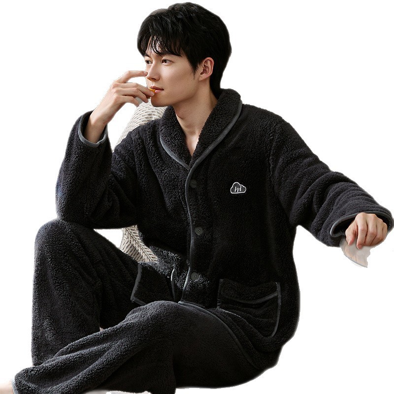 2025年男士秋冬季加厚睡衣套装珊瑚绒睡衣男士法兰绒家居服可外穿|undefined