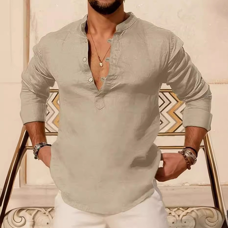 Nuevo 2023 camisa de primavera de los hombres de color sólido Henley cardigan manga larga suelta solapa de algodón y lino de los hombres camisa