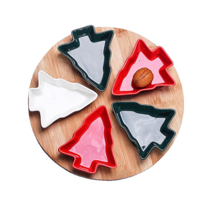 Plato de cerámica con forma de árbol de Navidad escandinavo para frutos secos, plato para refrigerios, vajilla creativa de estilo navideño, bandeja giratoria de madera.