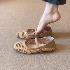 シープスキンバージョン~フレンチアーティスティックスタイル織り中空アウターパンチング通気性メリージェーンサンダルレディースフラットシューズ