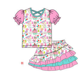 欧美童装外贸批发女孩新款粉红冰淇淋糖果春夏季短袖裙套装39