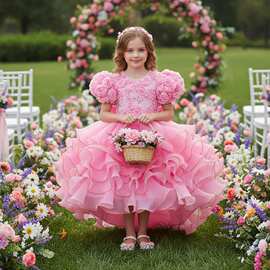跨境货源女童拖尾裙儿童礼服立体玫瑰花泡泡袖蓬蓬裙舞蹈表演服