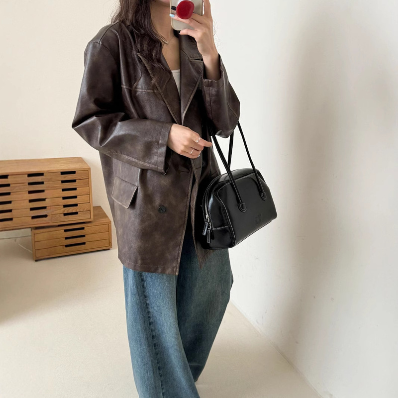 Vintage Brown American-Style Loose-Fitting Elegant Suit Pu Leather Jacket Women's Trench Coat Artistic Short Retro Style