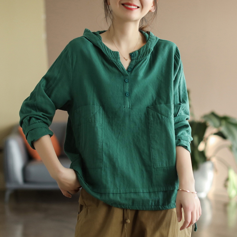 2022 Spring Artistic Double Yarn Color Hooded Long-sleeved Shirt Women's New Loose Casual Top