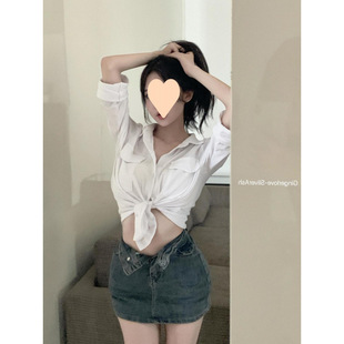 White Collar Shirt Women's Summer Spice Girl Slim-fit Strap Shirt Small Size Design Niche Long-sleeved Top
