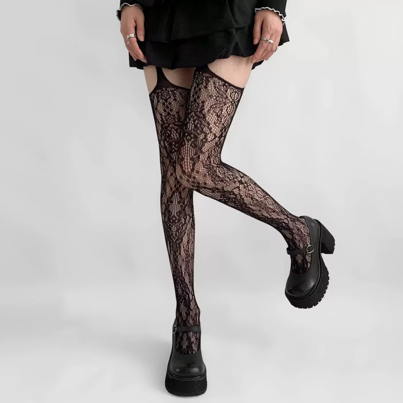 Spring Summer Retro Vertical Jacquard Sexy Black Silk Hot Girl Pure Desire Beautiful Leg Stockings Hollow Lace Mesh_voghion.com