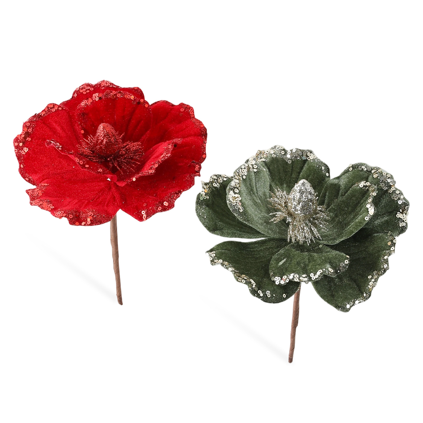 Nuevo producto 15CM flocado de polvo de viscosidad flor de Navidad magnolia de alta calidad tela de lujo decoración de Navidad imitación flores
