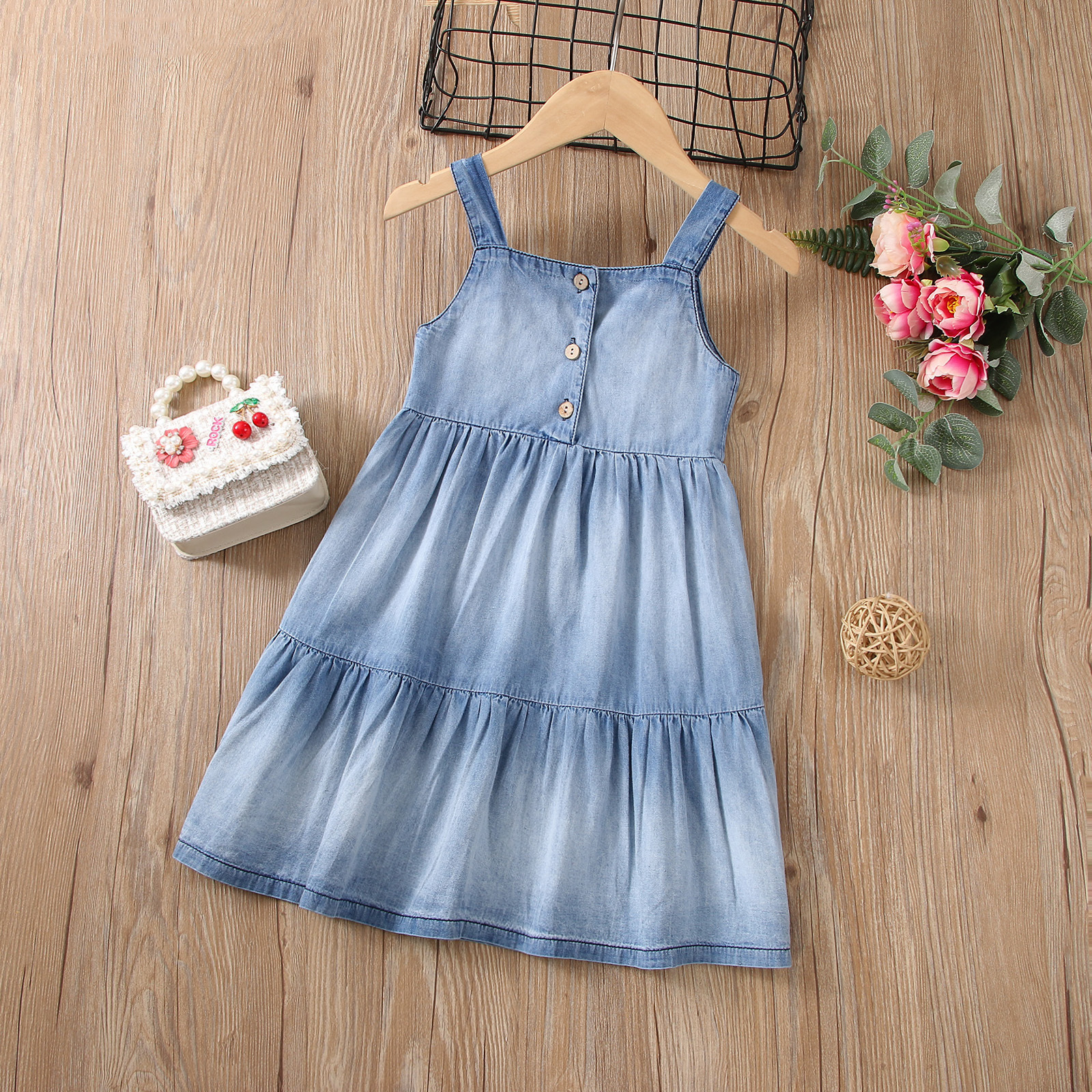 Summer Non-Hooded Cotton Skirt Set in Stock, Blue Solid Color Pullover for Girls, Children's Fashion Short Korean Style for Little Girls