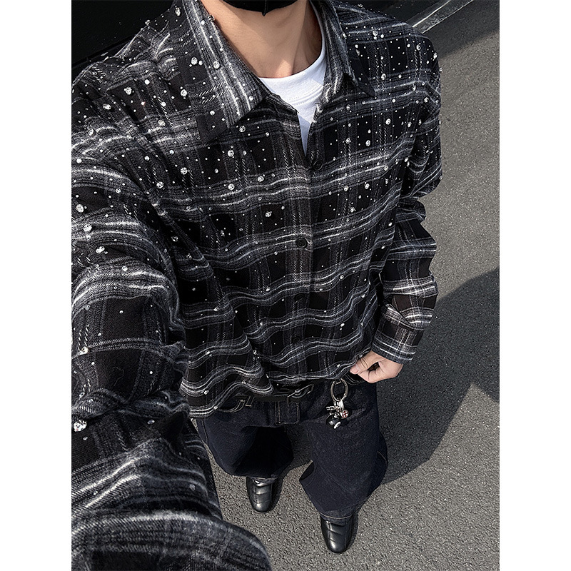 Gypsophila Heavy-Duty Rhinestone Shirt Men's Long-Sleeve American Retro Loose Plaid Shirt Jacket Cscs25003595 Gypsophila Heavy-Duty Rhinestone Shirt Men's Long-Sleeve American Retro Loose Plaid Shirt Jacket Cscs25003595