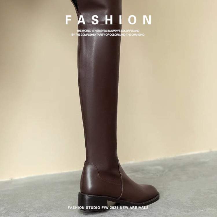 Cowhide Leather Slimming Over-The-Knee Boots with Thin Fleece Lining for Women, Low-High Tube Brown Heel, Korean Style Riding Boots, Winter Cowhide Leather Slimming Over-The-Knee Boots with Thin Fleece Lining for Women, Low-High Tube Brown Heel, Korean Style Riding Boots, Winter