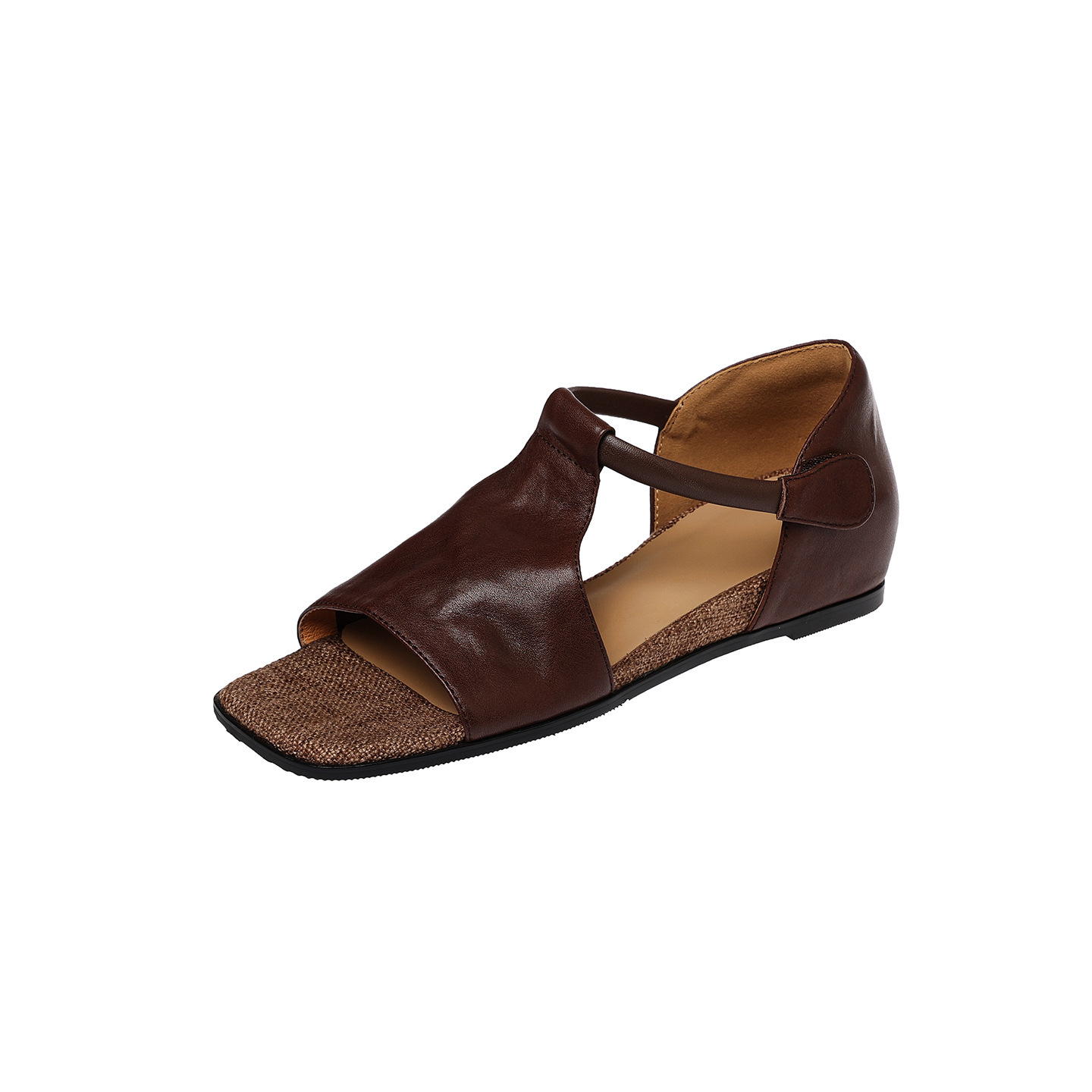 Sandal hở mũi nữ quai mảnh đế bệt mũi vuông da bò thật — đen chi tiết 25