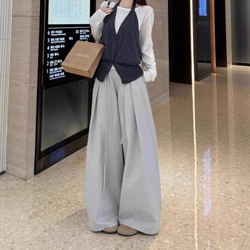 韩系叠穿挂脖背心马甲长袖针织衫系带阔腿裤女2025秋季新款套装潮|undefined