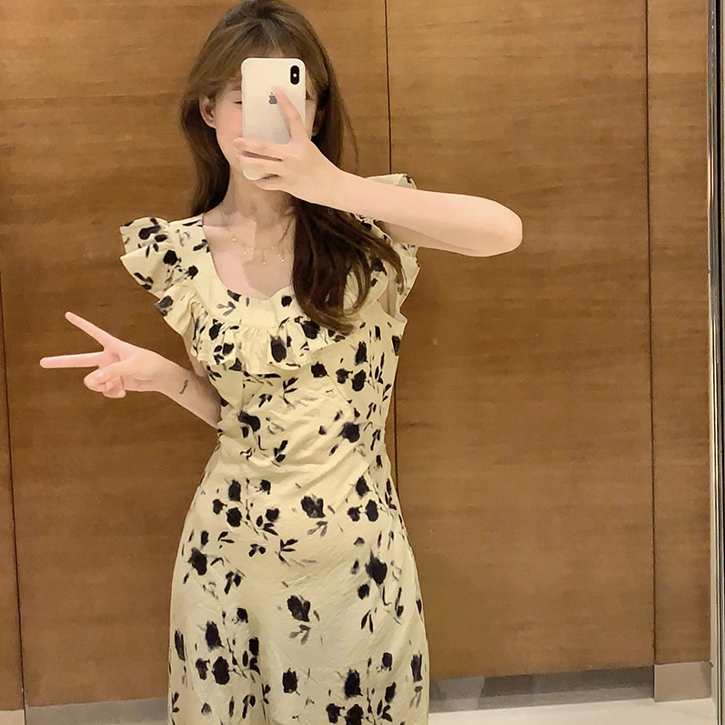 ティーブレイクフレンチフライスリーブ花柄ドレス女性の夏の新しいファッションデザインウエスト痩身ロングスカートミドル丈スカート|undefined