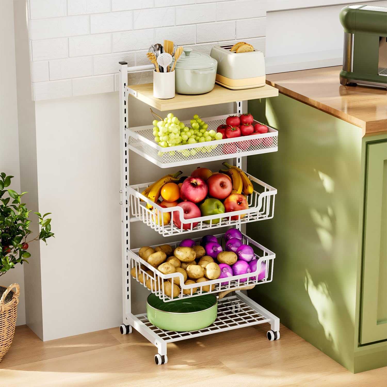 Kitchen vegetable basket snack fruit vegetable storage rack multi-layer storage cart buckle type floor storage basket