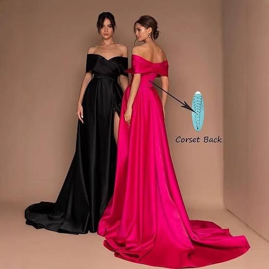 European and American One-Shoulder Evening Dress, Satin Off-Shoulder Prom Dress, Elegant Side Slit A-Line Slimming Look Long Dress