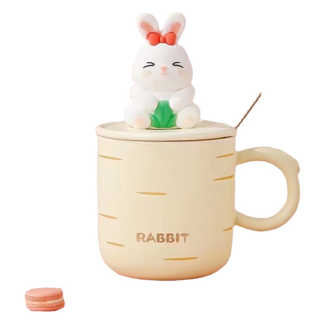 Creativo lindo conejo de dibujos animados Taza de cerámica simple mano regalo taza de café Oficina taza de beber con tapa cuchara