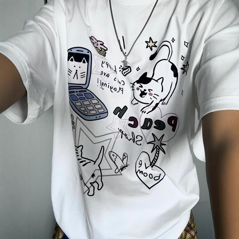 [Live Broadcast Quality 21 Pieces 220g Combed Tight 100 Cotton Back Collar Short-Sleeved T-Shirt] Cat Print