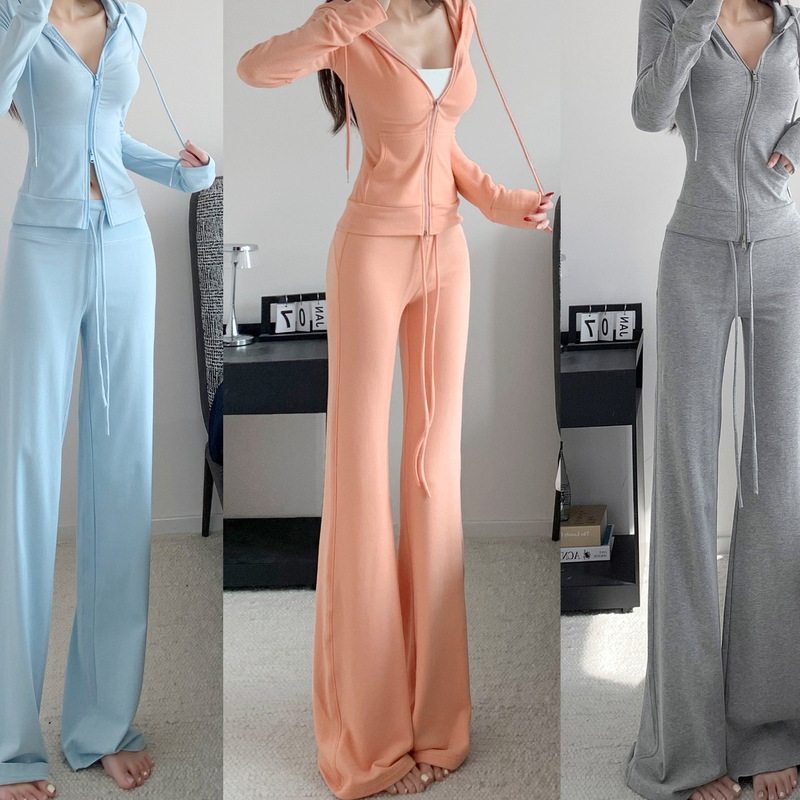 Summer Ribbed Stretch Cotton Figure-Flattering Set with Pocket Hooded Cardigan + Drapey Leg-Lengthening Flared Pants