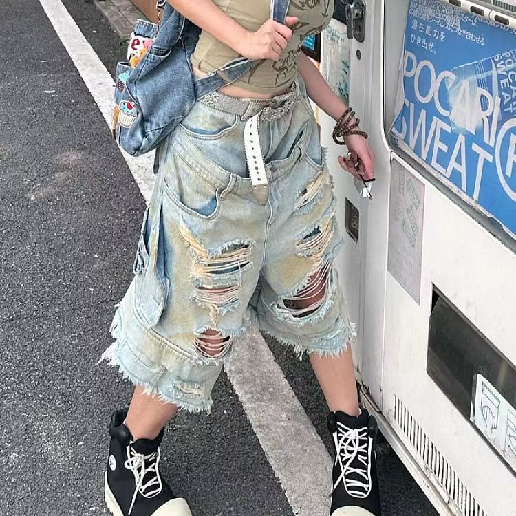Double Waistband Denim Shorts for Men and Women, High-Waisted, Slimming, Cool and Stylish, Seven-Point Pants, Trendy Double Waistband, Unique Street Style