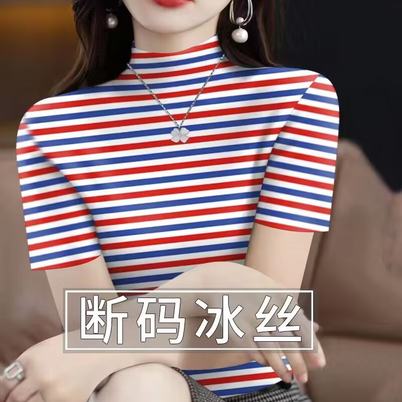 18539#하프 터틀넥 [빨간색, 파란색, 흰색 줄무늬/고급 버전] 반팔 탑