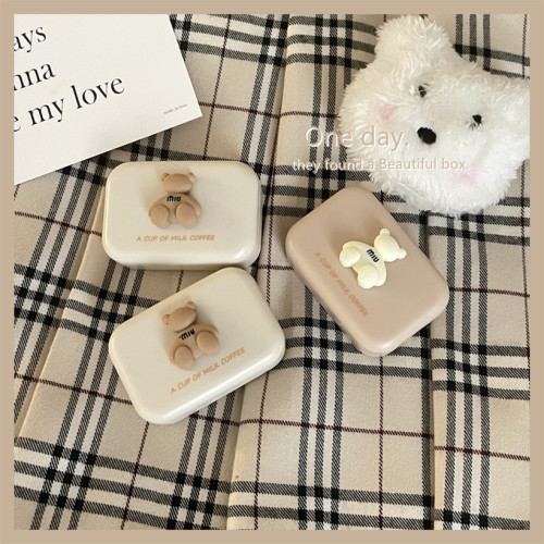 Milk tea color ~ ins style contact lens box, small and portable double companion box, contact lens box, cute bear B75