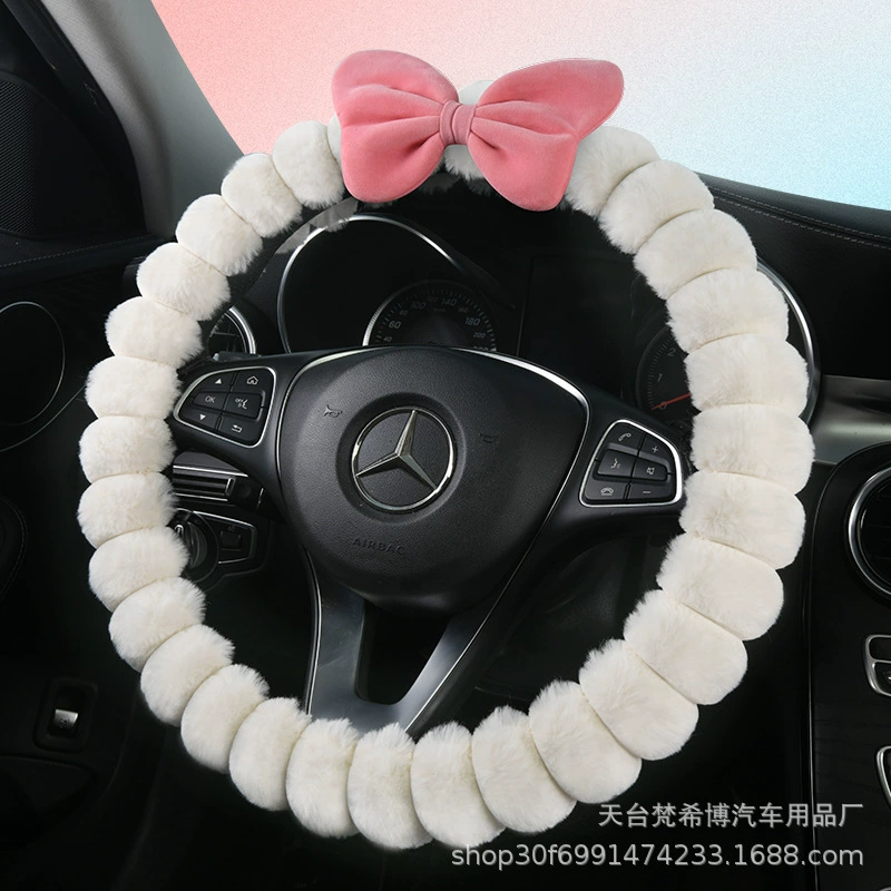 Winter plush cute steering wheel with bow, handle, keep warm set, new collection