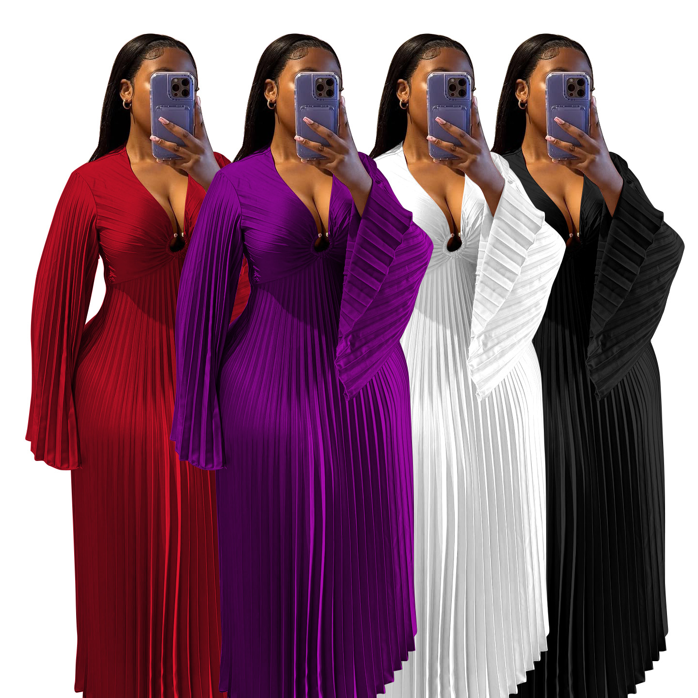 Women's Clothing Elegant Slim Fit Women's Dress V Neck Pleated Long Sleeve Solid Color Casual Spring/Autumn Dress_ecoleips.com