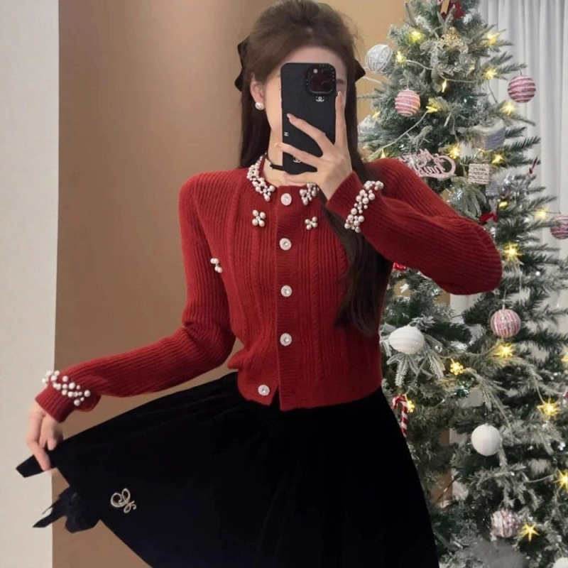 秋冬季小香风重工钉珠毛衣开衫针织外套女设计感小众修身短款上衣|undefined
