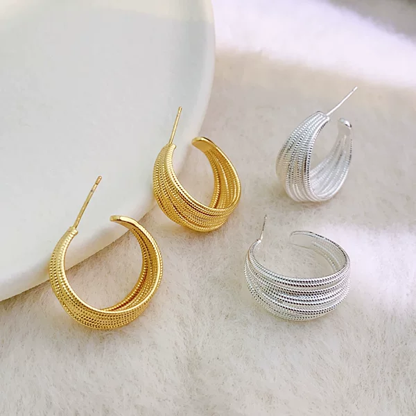 Copper Gold-Plated European and American High-End Coil Metal C-Shaped Earrings for Women, New Light Luxury Fashion Temperament Hoop Earrings