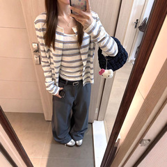 韩系条纹针织开衫女短款配吊带背心两件套早秋设计感毛衣外套上衣