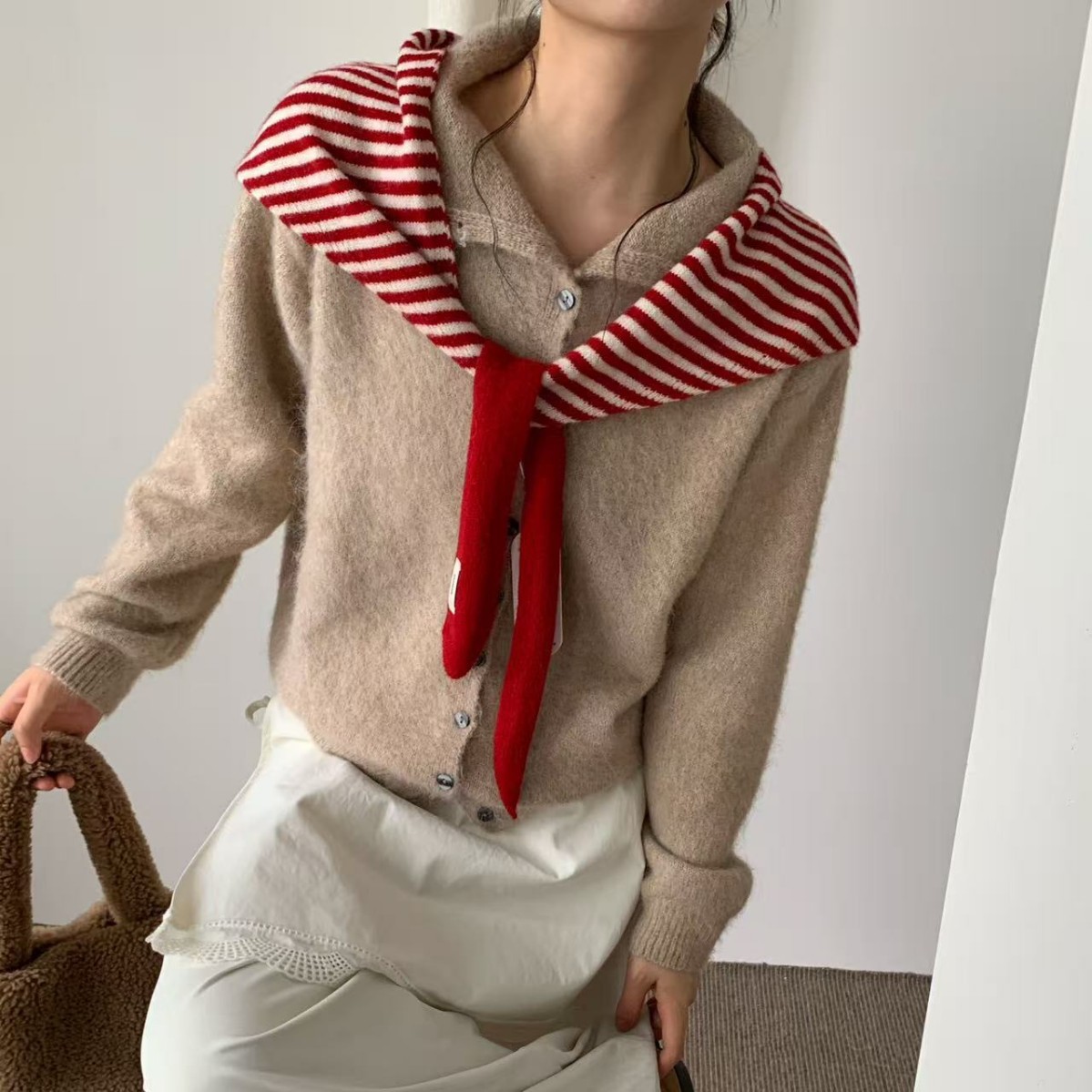 Wool Knit Korean Style Striped Tie Shawl for Women, Fashionable and Warm Triangle Scarf, Stylish Layering Accessory, Hip Scarf
