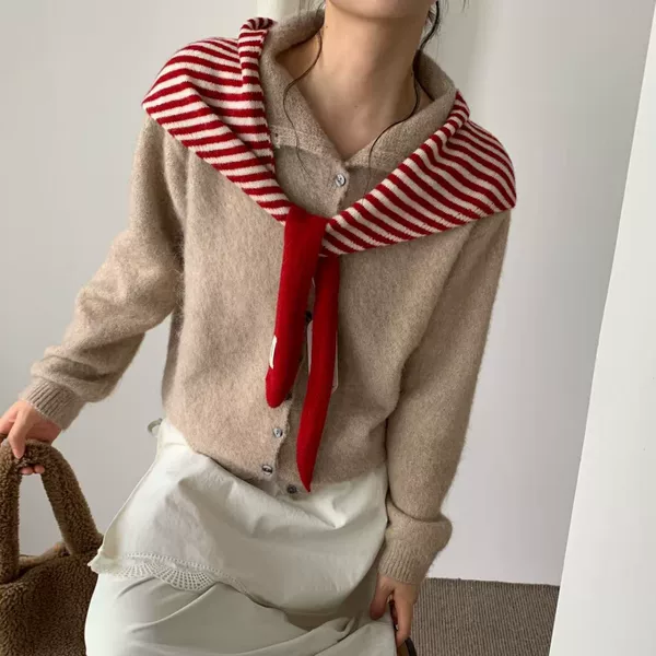 Wool Knit Korean Style Striped Tie Shawl for Women, Fashionable and Warm Triangle Scarf, Stylish Layering Accessory, Hip Scarf