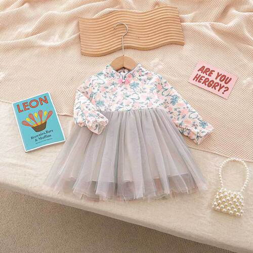 Spring and autumn girls retro dress, baby girls mesh cheongsam princess dress, long sleeves, autumn outing dress, children's dress