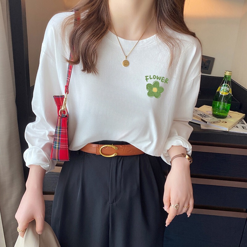White Pure Cotton Long-Sleeve T-Shirt for Women, New Autumn and Winter Style with Letter Print, Loose Fit, Suitable for Layering as an Inner Layer or Top