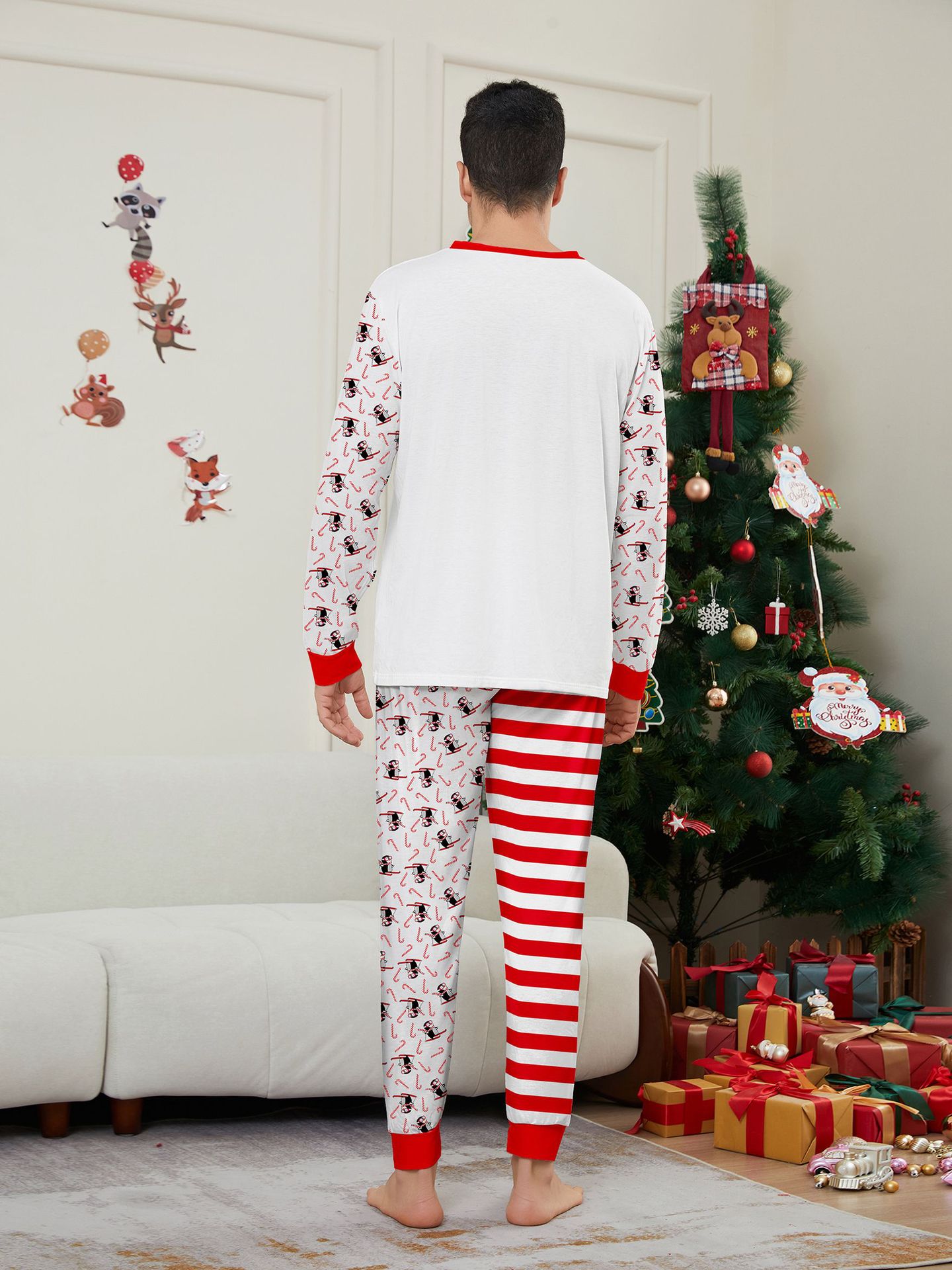 Kerst Pinguïn Candy Cane gestreepte Kerst Familie pak bedrukte homewear pyjama_voghion.com