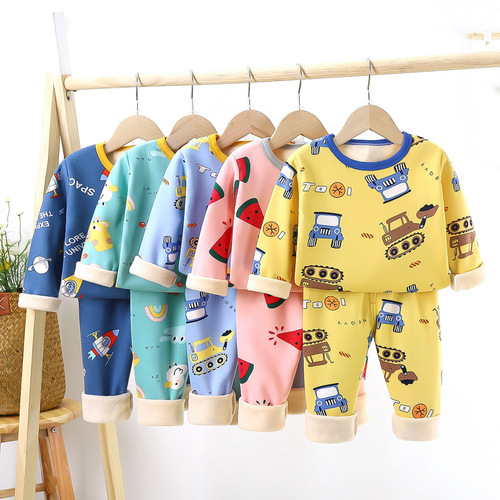Children's thermal underwear set 24 new autumn and winter new medium and large children's home wear for boys and girls long-sleeved velvet thickened children's wear